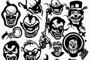 evil clowns holding machine guns / white background/outline tattoo idea