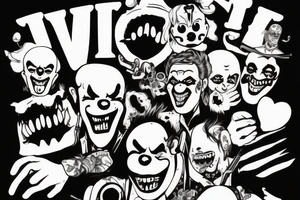 evil clowns holding machine guns / white background/outline tattoo idea