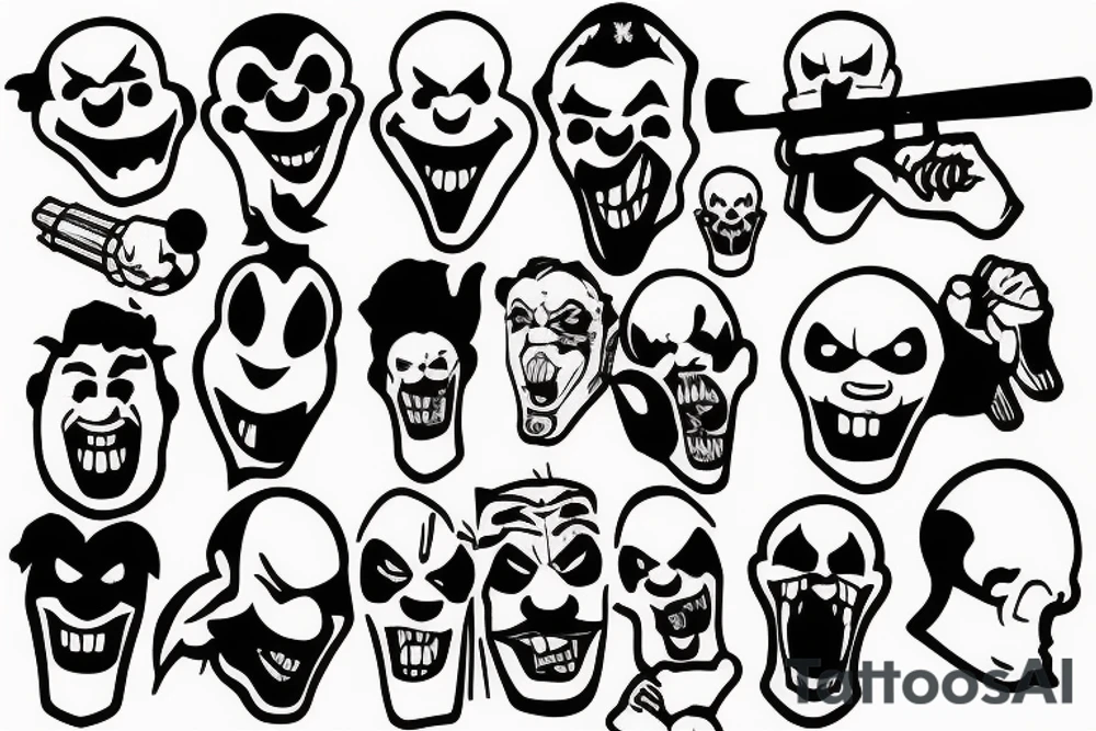 evil clowns holding machine guns / white background/outline tattoo idea