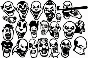 evil clowns holding machine guns / white background/outline tattoo idea