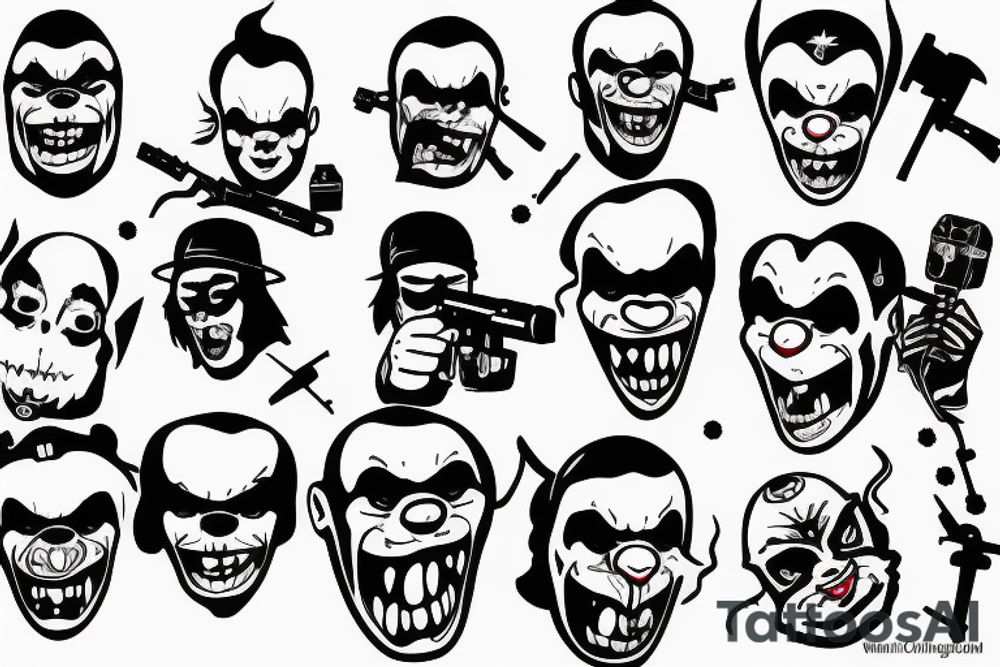 evil clowns holding machine guns / white background/outline tattoo idea