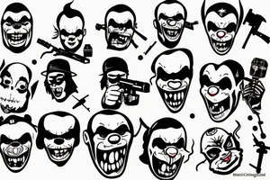 evil clowns holding machine guns / white background/outline tattoo idea