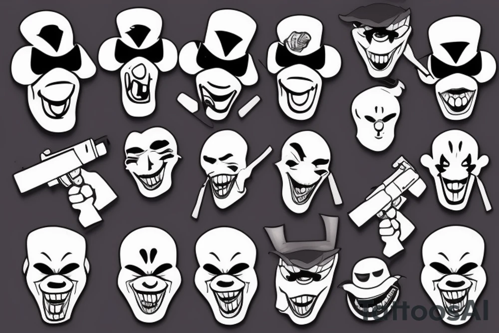 evil clowns holding machine guns / white background/outline tattoo idea