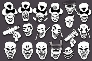 evil clowns holding machine guns / white background/outline tattoo idea