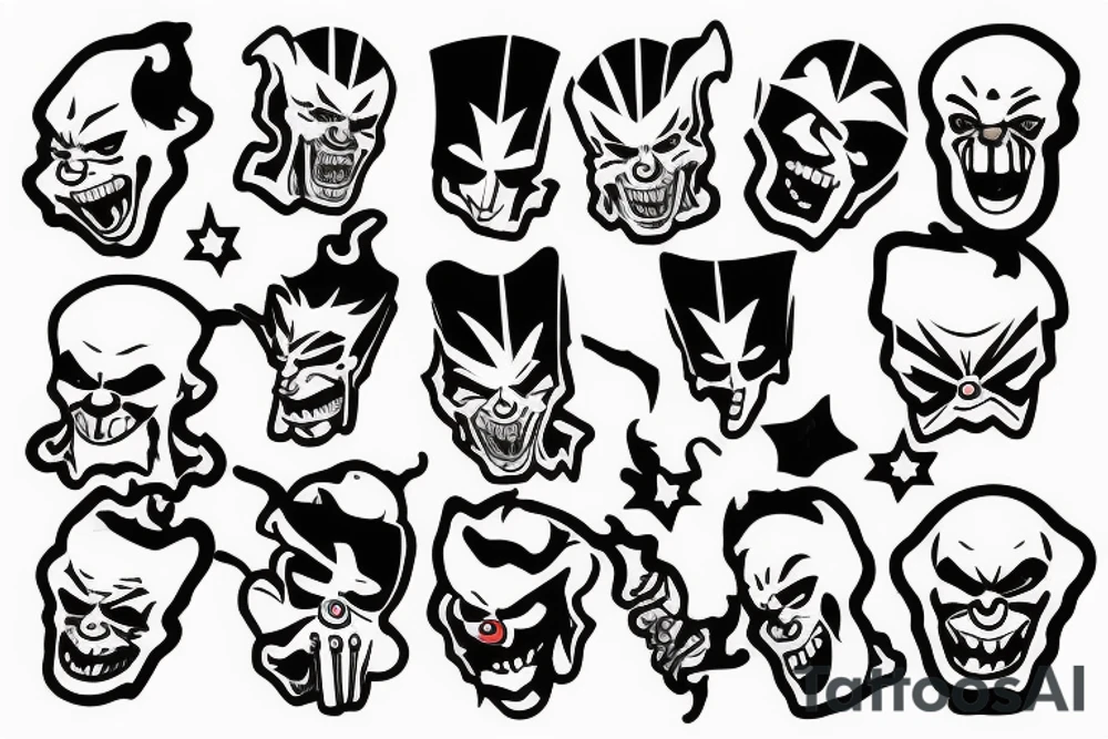 evil clowns holding machine guns / white background/outline tattoo idea