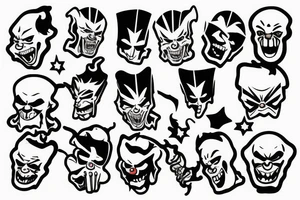 evil clowns holding machine guns / white background/outline tattoo idea