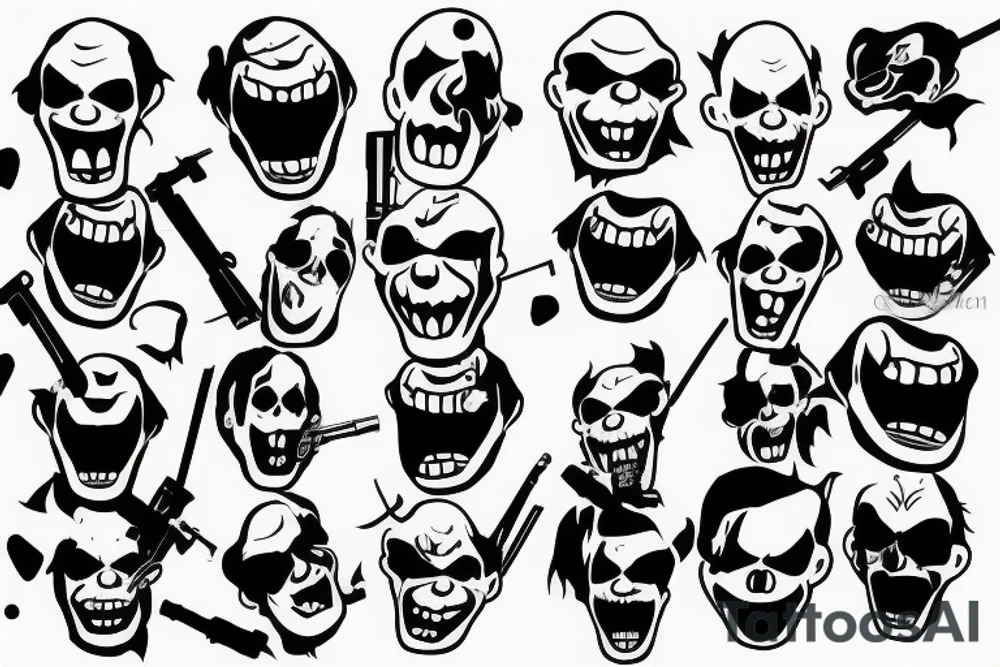 evil clowns holding machine guns / white background/outline/tattoo flash tattoo idea