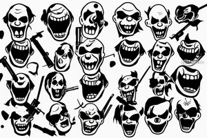 evil clowns holding machine guns / white background/outline/tattoo flash tattoo idea