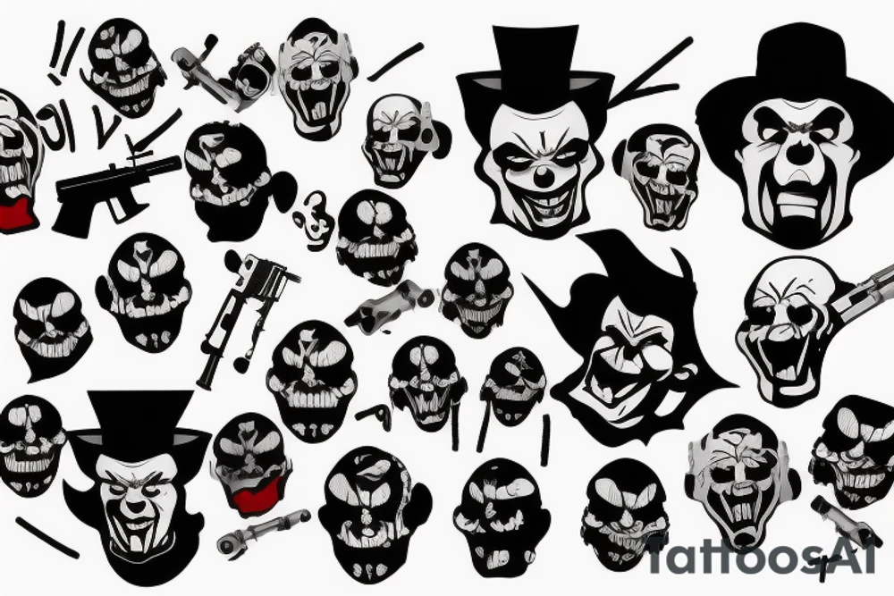 evil clowns holding machine guns / white background/outline/tattoo flash tattoo idea