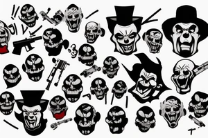 evil clowns holding machine guns / white background/outline/tattoo flash tattoo idea