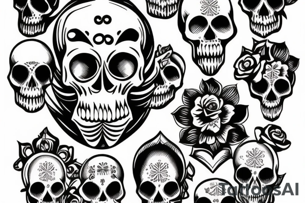 American traditional skulls outline/white background tattoo idea