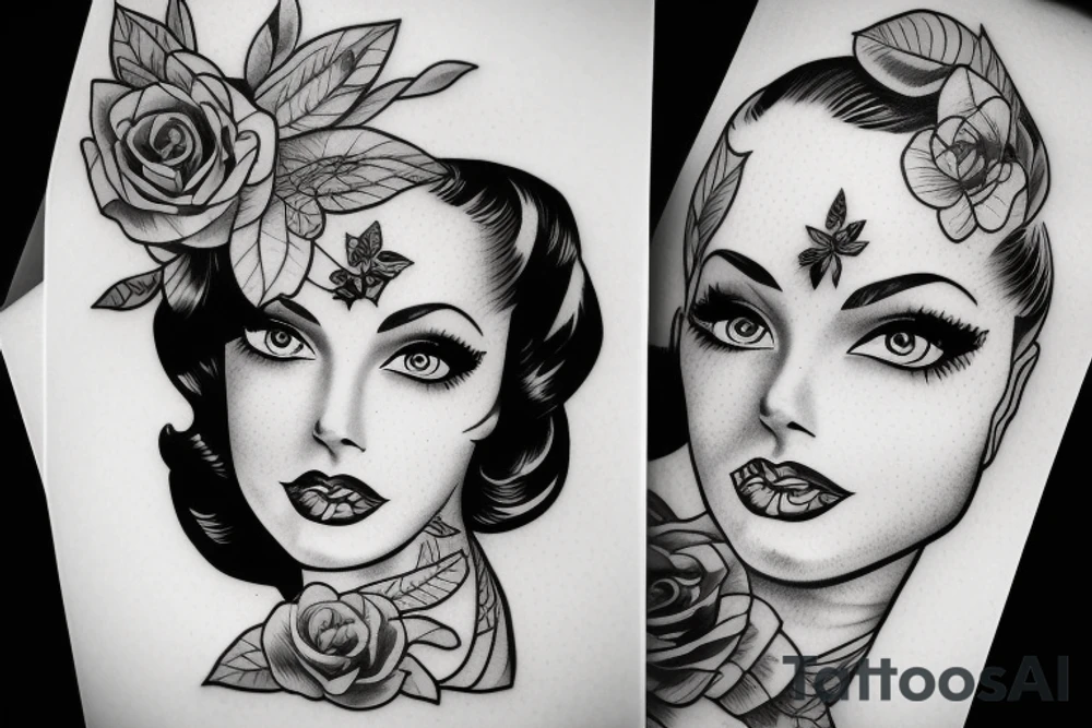 Pin up girl, symmetrical, realistic, beautiful tattoo idea