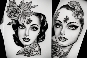 Pin up girl, symmetrical, realistic, beautiful tattoo idea