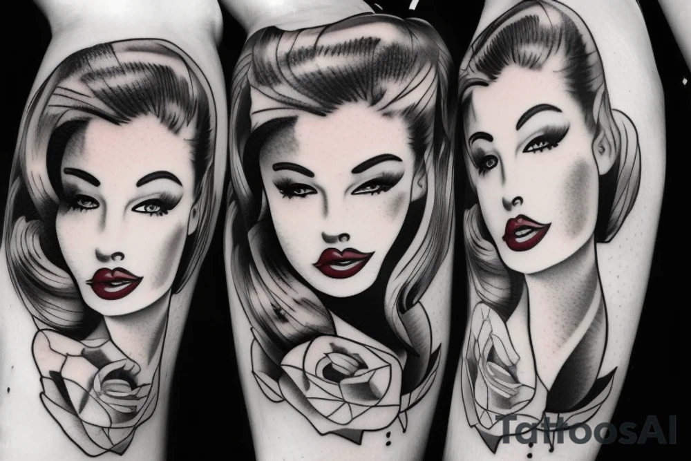 Pin up girl, symmetrical, realistic, beautiful tattoo idea