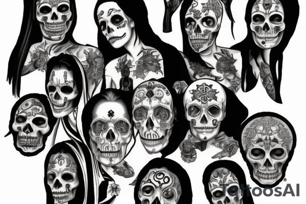 Santa Muerte with 7 bodies tattoo idea