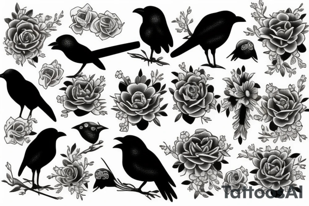 Flowers and crows tattoo idea