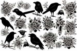 Flowers and crows tattoo idea