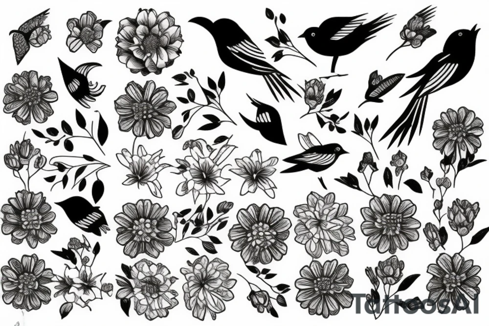 Flowers and birds tattoo idea