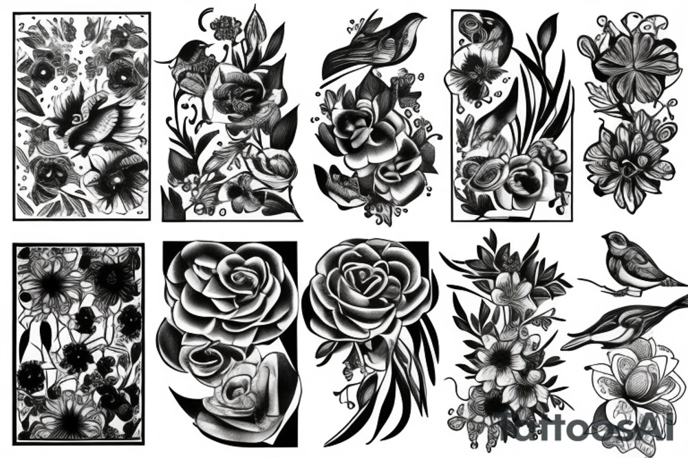Flowers and birds tattoo idea