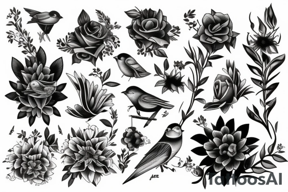 Flowers and birds tattoo idea