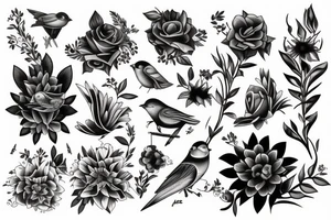 Flowers and birds tattoo idea