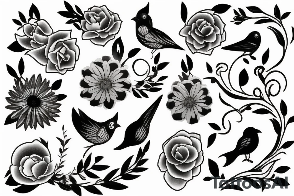Flowers and birds tattoo idea