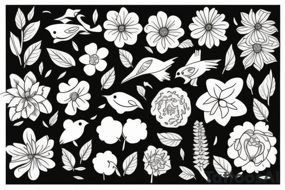 Flowers and birds tattoo idea
