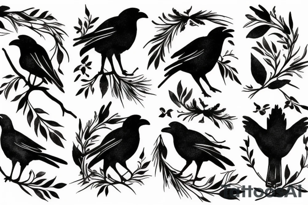 crow fade to floral art design tattoo idea