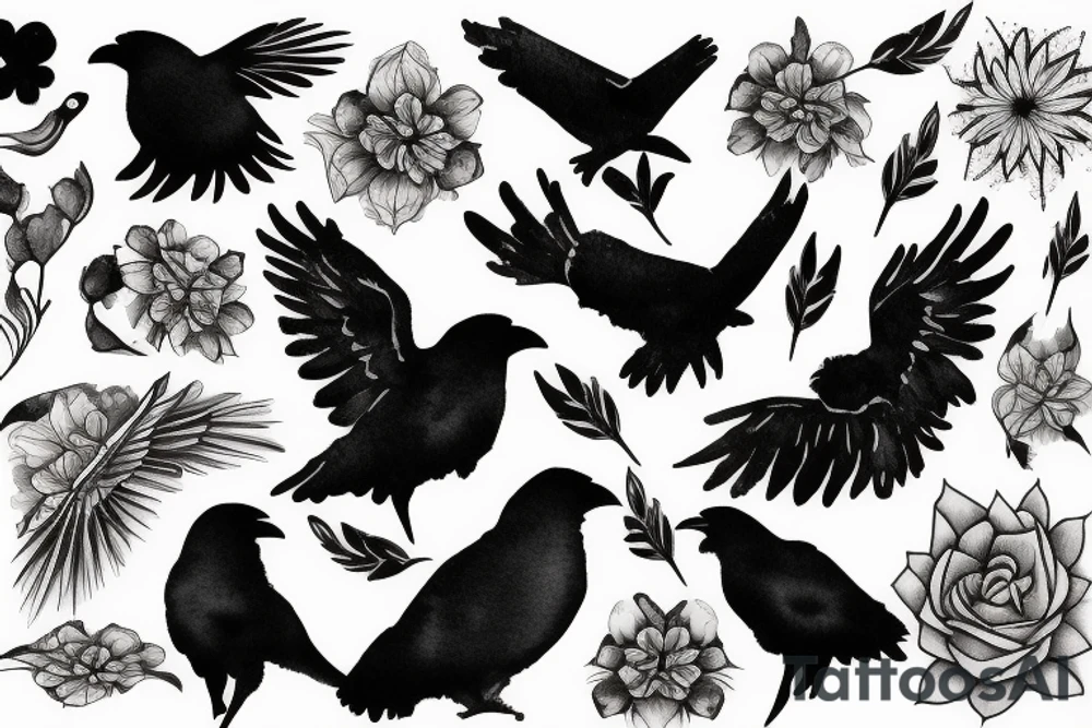 crow fade to floral art design tattoo idea