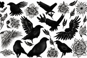 crow fade to floral art design tattoo idea