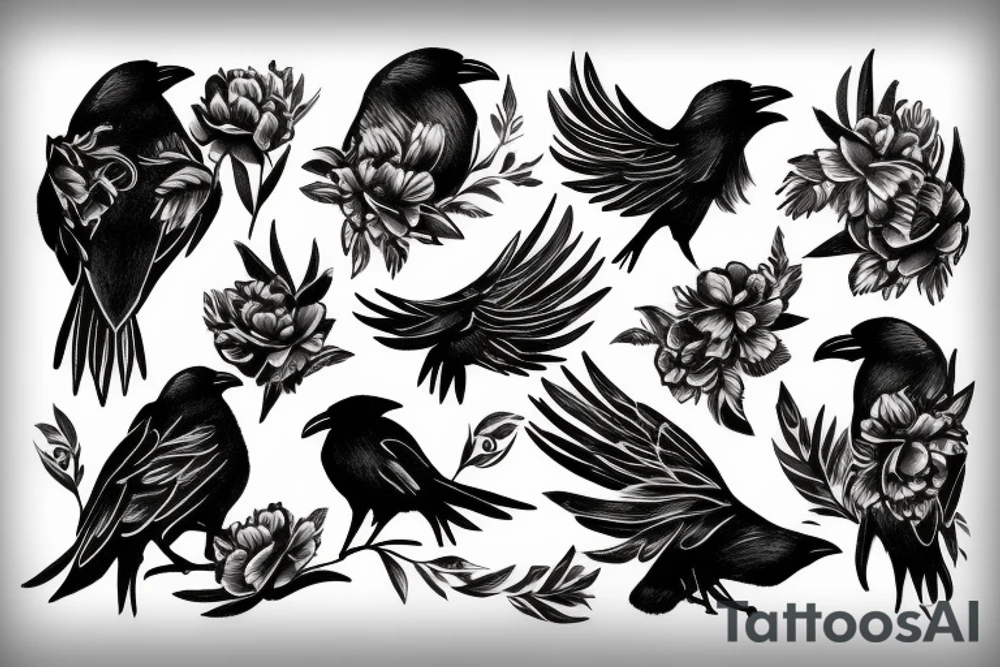 crow fade to floral art design tattoo idea