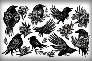 crow fade to floral art design tattoo idea