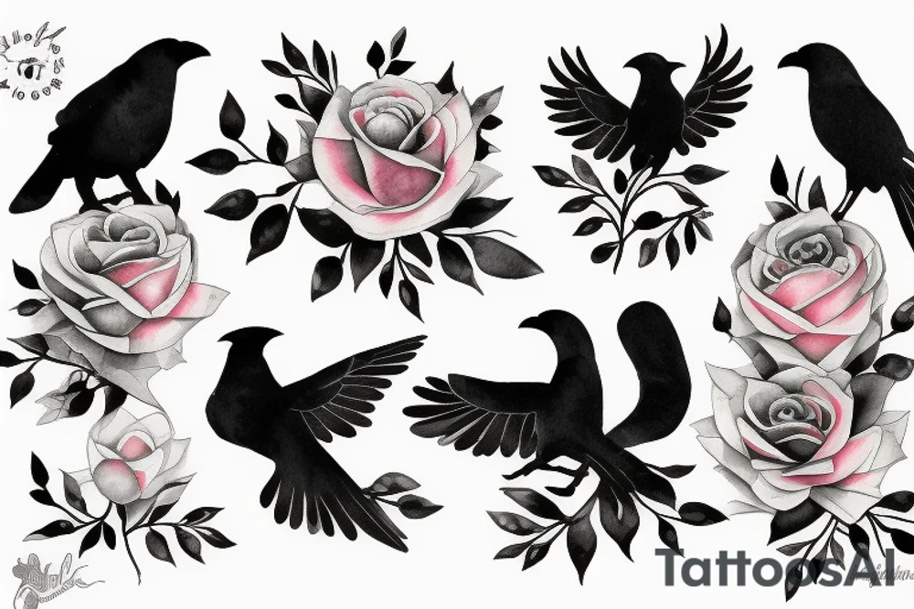crow fade to floral art design tattoo idea