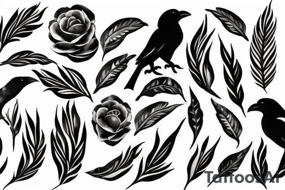 crow fade to floral art design tattoo idea