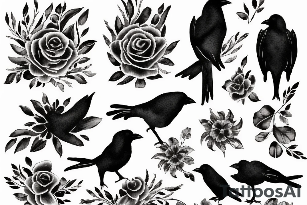 crow fade to floral art design tattoo idea