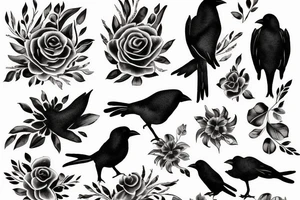 crow fade to floral art design tattoo idea