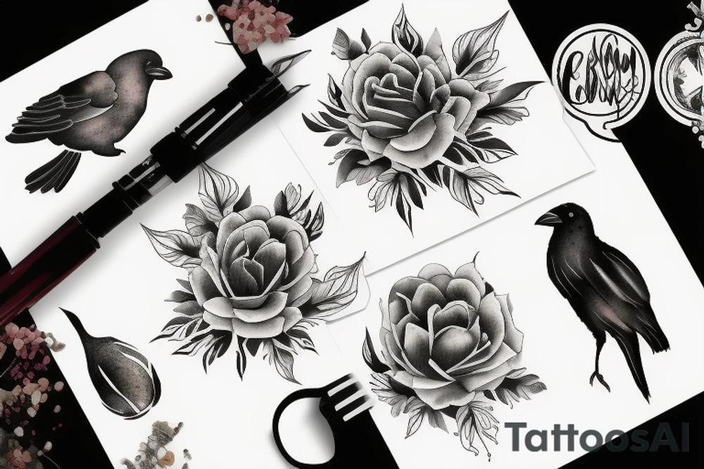 crow fade to floral art design tattoo idea