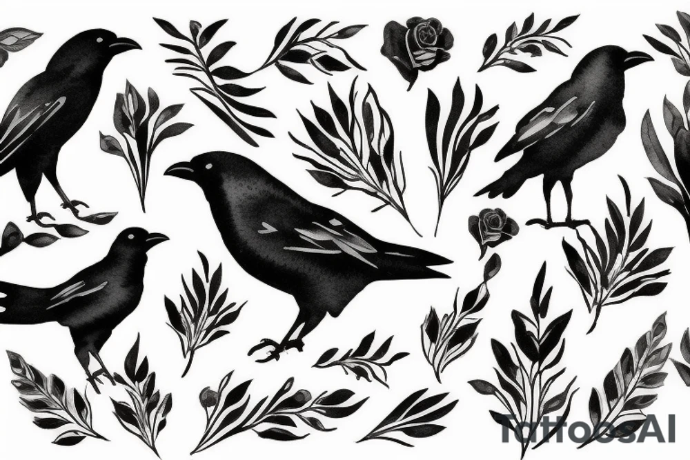 crow fade to floral art design tattoo idea