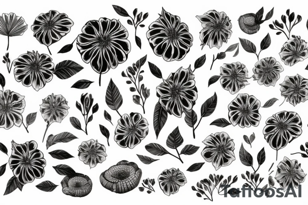 chryssanthemum with rafflesia floral art design tattoo idea