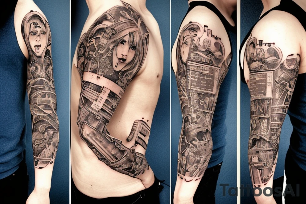 a person falls apart into a program code tattoo idea