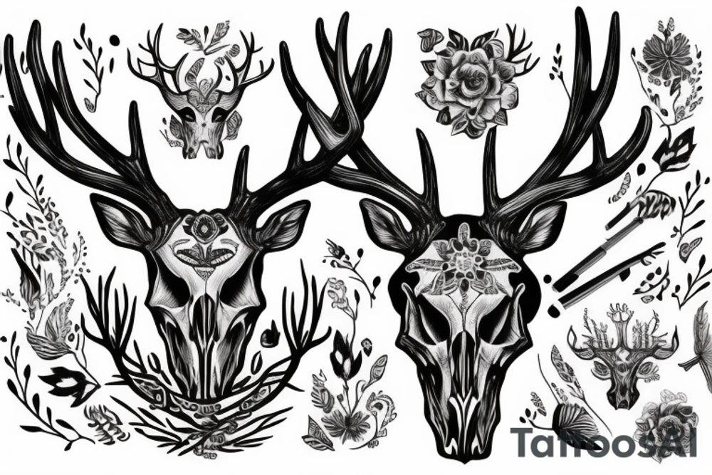 deer skull with big antlers tattoo idea