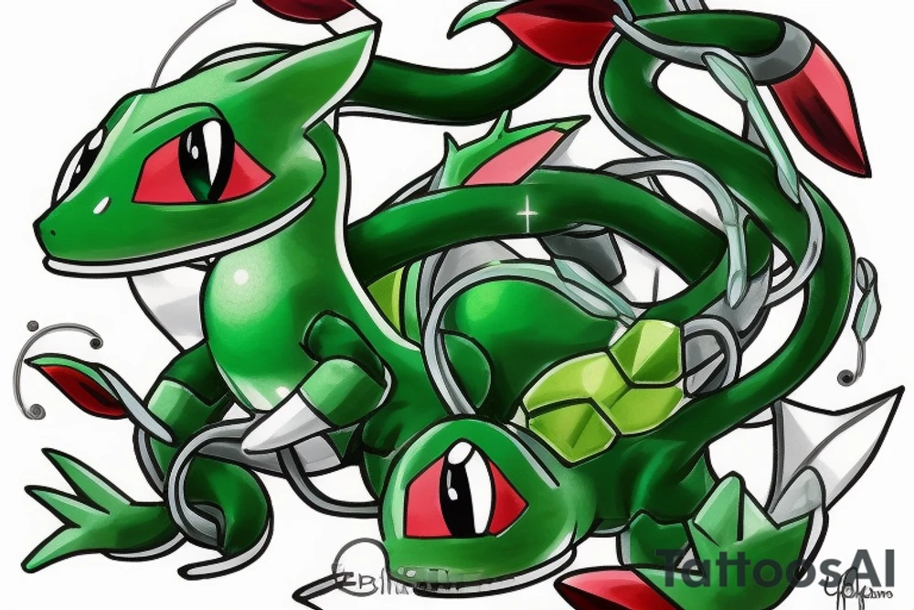 Shiny Mega Rayquaza protecting a newly hatched Bulbasaur tattoo idea