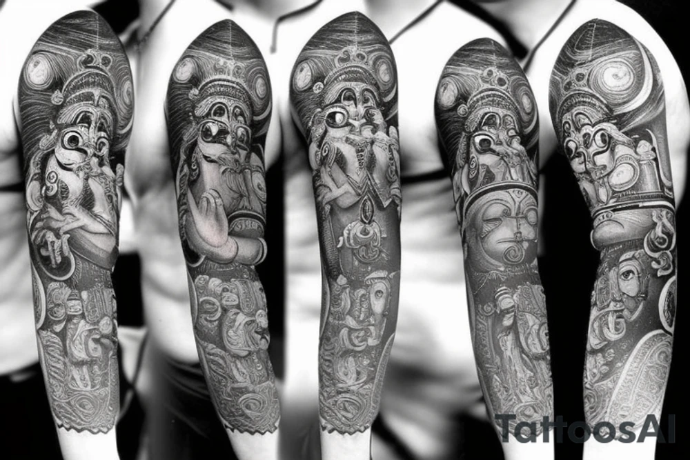 Lord hanuman with planets and galaxy full arm tattoo idea