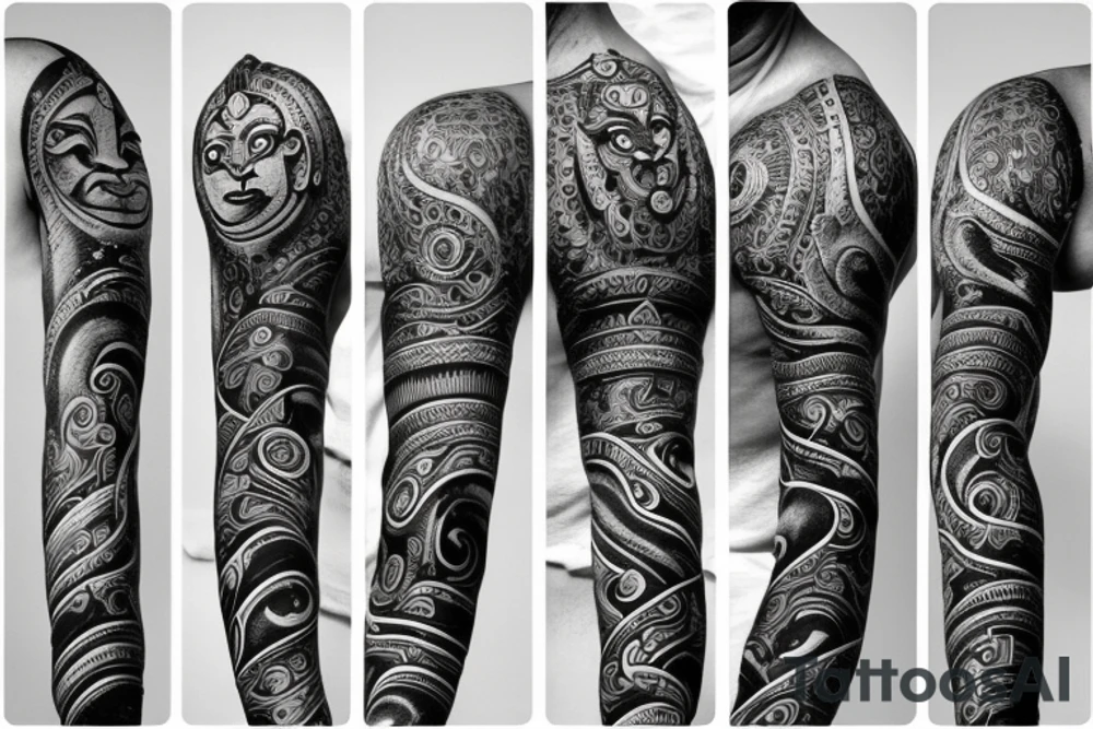Lord hanuman meditating with planets and galaxy full arm tattoo idea
