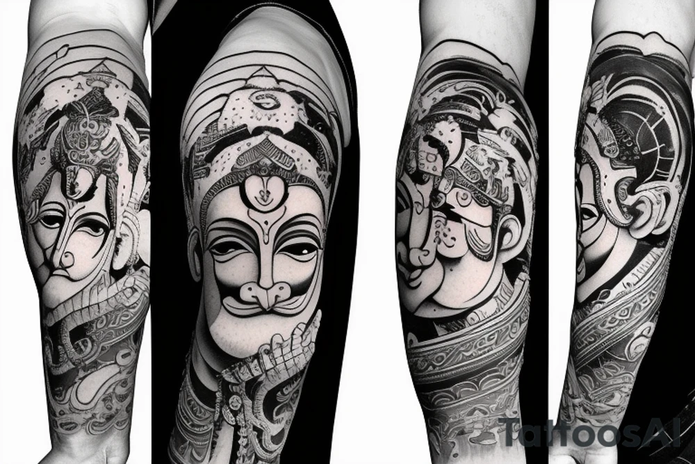 Lord hanuman meditating with planets and galaxy full arm tattoo idea