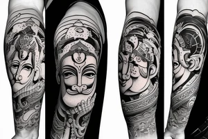 Lord hanuman  meditating with planets and galaxy full arm tattoo idea