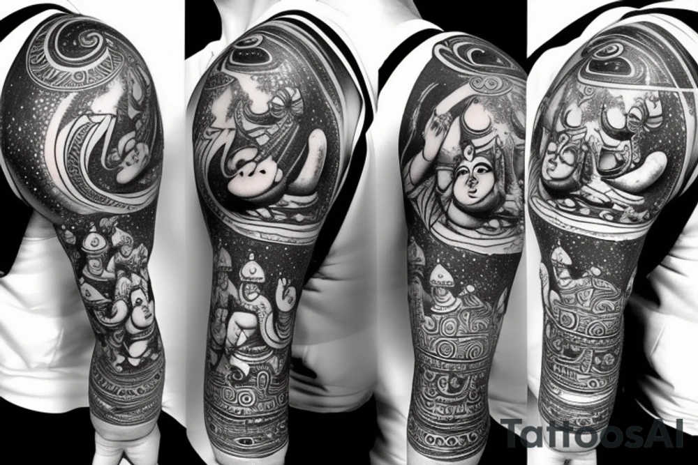 Lord hanuman meditating with planets and galaxy full arm tattoo idea