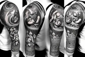 Lord hanuman  meditating with planets and galaxy full arm tattoo idea
