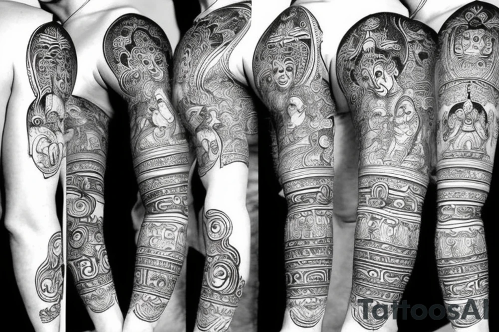 Lord hanuman meditating with planets and galaxy full arm tattoo idea