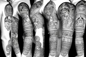 Lord hanuman  meditating with planets and galaxy full arm tattoo idea